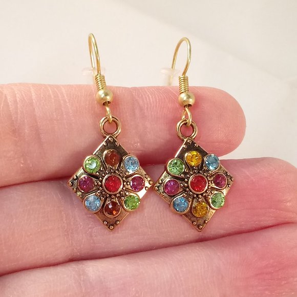 Gold Plated Multi Color Crystal Rhombus Shape Dangle Earrings Women's Party Gift - Picture 2 of 3